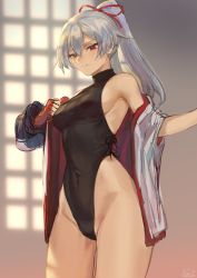 Rule 34 | 1girl, bare shoulders, black leotard, blush, breasts, commentary request, cowboy shot, fate/grand order, fate (series), hair between eyes, hair ribbon, heattech leotard, highleg, highleg leotard, highres, indoors, japanese clothes, large breasts, leotard, long hair, looking at viewer, mashuu (neko no oyashiro), ponytail, red eyes, red ribbon, ribbon, signature, silver hair, smile, solo, tomoe gozen (fate), turtleneck, undressing