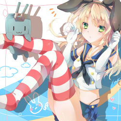 Rule 34 | 10s, 1girl, amanatsu yuzuka, bad id, bad pixiv id, black panties, blonde hair, elbow gloves, gloves, green eyes, kantai collection, long hair, looking at viewer, panties, personification, rensouhou-chan, sailor collar, shimakaze (kancolle), striped clothes, striped thighhighs, thighhighs, triangle mouth, underwear, white gloves