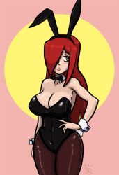 Rule 34 | 1girl, animal ears, bare shoulders, blush, bow, bowtie, breasts, cleavage, detached collar, fake animal ears, female focus, hair over one eye, hand on own hip, highres, large breasts, leotard, long hair, pantyhose, parasoul (skullgirls), playboy bunny, rabbit ears, red hair, simple background, skullgirls, slow anon, solo, wrist cuffs, yellow eyes