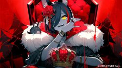 Rule 34 | 1girl, animal ear fluff, animal ears, black collar, black hair, black jacket, black nails, collar, fangs, flower, fur-trimmed jacket, fur trim, gold bracelet, hair flower, hair ornament, hair over one eye, hololive, ishihara (kuniyoshi), jacket, jewelry, king (vocaloid), looking at viewer, medium hair, miofa (ookami mio), nail polish, ookami mio, open mouth, red hair, ring, rose, smile, virtual youtuber, vocaloid, wolf ears, wolf girl