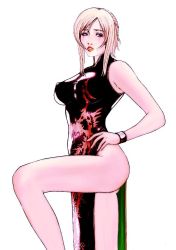 Rule 34 | 1girl, ass, aya brea, blonde hair, blue eyes, blush, breasts, china dress, chinese clothes, dress, covered erect nipples, jpeg artifacts, large breasts, legs, lips, lipstick, long legs, makeup, parasite eve, side slit, solo, thighs, wristband