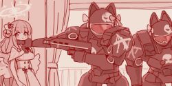 Rule 34 | 1girl, 2others, aiming, ambiguous gender, armor, blue archive, bow, bowtie, breasts, capelet, character request, comic panel redraw, covered face, cowboy shot, curtains, derivative work, expressionless, full armor, gun, hair bun, halo, helmet, high-waist skirt, holding, holding gun, holding weapon, hostage, large breasts, looking at viewer, low wings, lowres, maibotsumou, mika (blue archive), monochrome, multiple others, neck lift, oekaki, parody, project arms, railing, red theme, single side bun, skirt, underbust, weapon, window, wings
