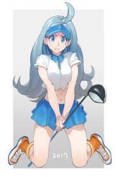 Rule 34 | 1girl, aqua eyes, aqua hair, bad id, bad pixiv id, between legs, boots, breasts, buttons, commentary request, creatures (company), crop top, crop top overhang, elite four, full body, game freak, golf club, hat, highres, holding, holding golf club, kahili (pokemon), kamameshi gougoumaru, kneeling, large breasts, legs, long hair, looking at viewer, midriff, miniskirt, mole, mole under eye, navel, nintendo, pokemon, pokemon sm, shirt, short sleeves, simple background, skirt, solo, stomach, striped clothes, striped shirt, visor cap, white background