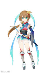 Rule 34 | :&gt;, asymmetrical sleeves, bell, blue eyes, brown hair, collar, copyright name, kamaboko red, looking at viewer, mismatched sleeves, neck bell, official art, oshi (oshiro project), oshiro project:re, oshiro project:re, ponytail, solo, sword, weapon, white background