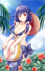 Rule 34 | 1girl, ahoge, ball, beachball, bikini, breasts, cleavage, cowboy shot, flower, hair flaps, hibiscus, highres, holding, holding ball, holding beachball, kantai collection, large breasts, looking at viewer, low twintails, minakami mimimi, palm tree, pink scrunchie, purple hair, red eyes, scrunchie, smile, solo, swimsuit, taigei (kancolle), tree, twintails