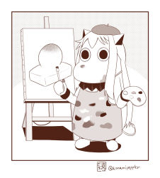 Rule 34 | (o) (o), 10s, 1girl, abyssal ship, apron, artist name, beret, canvas (object), easel, food, gradient background, hat, horns, kantai collection, long hair, mittens, mochi, monochrome, moomin, moomintroll, muppo, northern ocean princess, paint splatter, paint splatter on face, paintbrush, palette (object), sazanami konami, solo, standing, twitter username, wagashi, white background