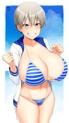 Rule 34 | 1girl, absurdres, bikini, blue eyes, blush, breasts, cleavage, clenched teeth, collarbone, commentary request, cowboy shot, day, fang, front-tie top, hair between eyes, handplug, highres, hood, hooded track jacket, huge breasts, jacket, looking at viewer, open clothes, open jacket, open mouth, outdoors, short hair, side-tie bikini bottom, silver hair, solo, striped bikini, striped clothes, swimsuit, teeth, thighs, track jacket, two-tone bikini, uzaki-chan wa asobitai!, uzaki hana