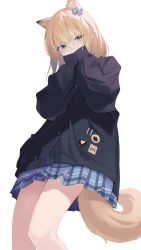 Rule 34 | 1girl, animal ear fluff, animal ears, black jacket, blonde hair, blue bow, blue eyes, blue nails, blue skirt, blush, bow, commentary request, covering own mouth, dog ears, dog girl, dog tail, feet out of frame, hands up, highres, jacket, long sleeves, looking at viewer, mizu (lzzrwi603), nail polish, original, plaid, plaid skirt, pleated skirt, puffy long sleeves, puffy sleeves, romaji commentary, simple background, skirt, sleeves past wrists, solo, standing, tail, white background