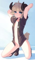 Rule 34 | 1girl, absurdres, animal ears, arms up, black footwear, black shirt, blonde hair, blue eyes, blunt bangs, boots, bottomless, commentary, full body, goat ears, goat girl, goat horns, goat tail, highres, horizontal pupils, horns, kneeling, looking at viewer, name tag, navel, neck ribbon, no bra, open clothes, open shirt, original, shirt, short eyebrows, short hair, socks, solo, thick eyebrows, undone neck ribbon, yoako