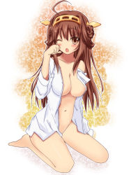 Rule 34 | 10s, 1girl, ;o, ahoge, areola slip, barefoot, blush, breasts, brown hair, hairband, kantai collection, kongou (kancolle), large breasts, long hair, navel, one eye closed, open clothes, open mouth, open shirt, personification, shirt, sitting, sk (buta), solo, wariza, wink