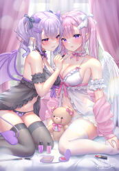 Rule 34 | 2girls, absurdres, angel, angel wings, arm strap, babydoll, bare shoulders, black babydoll, black bow, black thighhighs, blush, bow, breasts, choker, cleavage, commentary request, demon girl, demon horns, demon tail, demon wings, hair bow, hair ornament, halo, highres, horns, kneeling, large breasts, lipstick, long hair, makeup, multiple girls, navel, original, panties, parted lips, pink hair, pointy ears, purple eyes, purple hair, purple panties, sitting, smile, stuffed animal, stuffed toy, tail, teddy bear, thighhighs, thighs, twintails, underwear, wariza, white babydoll, white thighhighs, wings, yuyuko (yuyucocco)