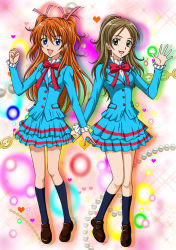 Rule 34 | 2girls, :d, blue jacket, blue skirt, blue socks, bow, bowtie, brown eyes, brown footwear, brown hair, clenched hand, full body, hair bobbles, hair ornament, hair ribbon, hanzou, houjou hibiki, jacket, kneehighs, knees together feet apart, layered skirt, loafers, long hair, looking at viewer, minamino kanade, miniskirt, multiple girls, open mouth, orange hair, pink ribbon, ponytail, precure, red bow, ribbon, school uniform, shirt, shoes, skirt, smile, socks, standing, suite precure, two side up, very long hair, white shirt