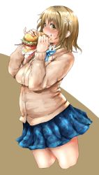 Rule 34 | 10s, 1girl, bad id, bad pixiv id, belly, blush, bow, breasts, breasts squeezed together, brown eyes, brown hair, burger, eating, food, food on face, glutton, hair ornament, idolmaster, idolmaster cinderella girls, large breasts, long sleeves, looking at viewer, messy, mimura kanako, open mouth, plump, school uniform, short hair, simple background, skirt, solo