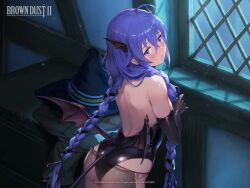 1girl ahoge ass back backless_leotard black_gloves black_leotard black_ribbon blue_eyes blue_hair blue_hat blush braid brown_dust_(series) brown_dust_2 copyright_name demon_tail demon_wings elbow_gloves from_behind gloves hair_between_eyes hair_ribbon hat head_wings highres huge_ass large_hat leotard light_frown long_hair low_wings moonlight mushoku_tensei official_art official_wallpaper pelvic_curtain ribbon roxy_migurdia second-solo tail thick_thighs thighs twin_braids unworn_hat unworn_headwear very_long_hair wide_hips wings witch_hat