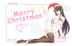 Rule 34 | 10s, 1girl, ;d, arm support, bell, black hair, black thighhighs, breasts, brown eyes, christmas, cleavage cutout, clothing cutout, copyright name, full body, hair ornament, hairband, hairclip, haruna (kancolle), hat, headgear, heart, high heels, highres, holding, jewelry, kantai collection, kneeling, long hair, long sleeves, looking at viewer, ltt challenger, lying, meme attire, merry christmas, necklace, on side, one eye closed, open-chest sweater, open mouth, pendant, revision, ribbed sweater, santa hat, shoes, smile, snowflakes, solo, star (symbol), sweater, thighhighs, turtleneck, wand, white footwear, zettai ryouiki