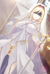 Rule 34 | 1girl, absurdres, blindfold, blonde hair, blurry, breasts, day, dress, dutch angle, goblin slayer!, hand up, highres, holding, holding sword, holding weapon, jewelry, large breasts, necklace, outdoors, robe, sheath, sheathed, signature, solo, standing, sword, sword maiden, uni sirasu, weapon, white dress