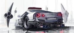 Rule 34 | absurdres, car, from behind, highres, motor vehicle, nissan, nissan gt-r, no humans, original, science fiction, shiyo tsubame, solo, sports car, thrusters, vehicle focus
