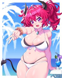 Rule 34 | 1girl, alma (onsoku inu), arm at side, belly, bikini, black horns, black tail, blue background, blurry, blurry background, blush, border, breasts, cleavage, commentary request, cowboy shot, cup, curly hair, demon girl, demon horns, demon tail, drinking glass, drinking straw, fang, foreshortening, gyaru v, hair intakes, halterneck, hand on table, highres, horns, jewelry, large breasts, looking at viewer, multi-strapped bikini, navel, onsoku inu, open mouth, original, outstretched arm, pendant, pink hair, plump, purple eyes, scrunchie, short hair, short twintails, skindentation, smile, solo, swimsuit, table, tail, tareme, thick thighs, thighs, twintails, v, white bikini, white border, wrist scrunchie