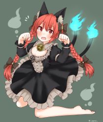Rule 34 | 1girl, alternate costume, animal ears, bad id, bad twitter id, barefoot, bell, black dress, black ribbon, blush, bow, braid, breasts, cat ears, cat tail, cleavage, dress, egret, fang, frilled dress, frilled shirt collar, frills, full body, ghost, hair bow, hair ribbon, highres, jingle bell, kaenbyou rin, kneeling, large breasts, long hair, long sleeves, multiple tails, nekomata, open mouth, red eyes, red hair, ribbon, simple background, solo, tail, touhou, twin braids