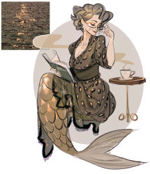 Rule 34 | 1girl, book, breasts, cleavage, cup, dress, eyeshadow, glasses, grey hair, highres, holding, holding book, invisible chair, makeup, mermaid, monster girl, old, old woman, open book, original, personification, print dress, rinotuna, short hair, sitting, solo, sparkle, steam, table
