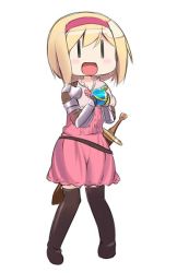 Rule 34 | 10s, 1girl, :d, armor, belt, blonde hair, blush, boots, djeeta (granblue fantasy), dress, fighter (granblue fantasy), gauntlets, granblue fantasy, hairband, holding, miyako hito, open mouth, pink dress, potion, sheath, sheathed, short hair, short sleeves, simple background, smile, solo, sword, thigh boots, thighhighs, weapon, white background, | |