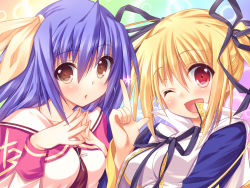Rule 34 | 2girls, black bow, black ribbon, blonde hair, blue hair, blush, bow, bowtie, breasts, brown eyes, bubble, bubble background, christianity, close-up, cross, eyebrows, fingernails, fingers together, fringe trim, game cg, hair bow, hair ribbon, happy, index finger raised, kujou ria, kururu (princess witches), long hair, looking at viewer, multiple girls, nail polish, necktie, non-web source, one eye closed, open mouth, pencil royale heroines collection, princess witches, red eyes, red necktie, ribbon, school uniform, shirt, simple background, small breasts, smile, star (symbol), tongue, twinkle crusaders, twintails, upper body, yuku (kiollion)