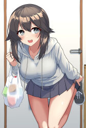 Rule 34 | 1girl, alternate costume, bag, black footwear, black hair, breasts, drawstring, grey eyes, grey skirt, hayasui (kancolle), highres, hood, hooded sweater, kantai collection, medium breasts, open mouth, plastic bag, pleated skirt, round teeth, shiba (zudha), shoes, short hair, short hair with long locks, skirt, smile, sneakers, solo, standing, standing on one leg, sweater, teeth, upper teeth only, white sweater