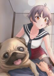 Rule 34 | 1girl, 1other, absurdres, antenna hair, artist logo, bed, black necktie, black sailor collar, brown hair, commentary request, commission, dated, dog, grey hair, grey thighhighs, highres, kamo mayor, kantai collection, looking at viewer, necktie, pixiv commission, pleated skirt, pov, pug, red skirt, sailor collar, sakawa (kancolle), shirt, short hair, skirt, sleeveless, sleeveless shirt, thighhighs