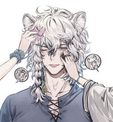 Rule 34 | 1boy, 2girls, akakeru, animal ears, arknights, beads, black bow, bow, braid, brother and sister, cliffheart (arknights), collarbone, commentary request, grey eyes, grey shirt, hair between eyes, hair bow, highres, leopard ears, multiple girls, pink bow, portrait, pramanix (arknights), shirt, siblings, silver hair, silverash (arknights), simple background, single braid, sisters, solo focus, white background, wrist cuffs