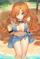 Rule 34 | 1girl, absurdres, beach, bikini, blue bikini, blue eyes, blush, breasts, cleavage, commission, fictional persona, goggles, goggles around neck, hair over one eye, highres, huge filesize, large breasts, long hair, looking at viewer, navel, orange hair, original, outdoors, romana, shadow, sitting, solo, swimsuit, very long hair
