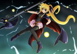 Rule 34 | 1girl, arm strap, bardiche (axe form) (nanoha), bardiche (nanoha), belt, black leotard, black thighhighs, blonde hair, boots, cape, diesel-turbo, fate testarossa, fate testarossa (movie 1st form), gloves, gradient background, hair ribbon, leotard, long hair, looking at viewer, lyrical nanoha, magical girl, mahou shoujo lyrical nanoha, mahou shoujo lyrical nanoha the movie 1st, red eyes, ribbon, showgirl skirt, sleeveless, solo, thighhighs, twintails