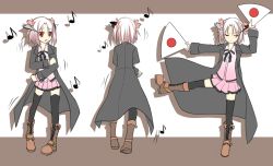 Rule 34 | 1girl, blush, boots, character sheet, coat, dancing, from behind, frown, hand fan, heterochromia, horns, multiple persona, multiple views, musical note, original, ouka september, pink hair, red-eyes macadamiachoco, red eyes, short hair, skirt, thighhighs, trench coat, turnaround