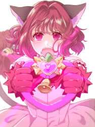 Rule 34 | 1girl, acoco kaicyan, animal ears, cat ears, cat girl, cat tail, commentary request, crying, gloves, highres, magical girl, momomiya ichigo, pink eyes, pink gloves, pink hair, solo, tail, tokyo mew mew, upper body