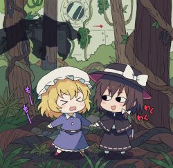 Rule 34 | &gt; &lt;, &lt;o&gt; &lt;o&gt;, 2girls, arrow (symbol), black capelet, black eyes, black headwear, black skirt, blonde hair, blush, blush stickers, bow, branch, brown footwear, brown hair, buttons, capelet, chibi, claws, closed eyes, collared dress, commentary request, dress, fedora, full body, grass, hat, long sleeves, looking at another, maribel hearn, mob cap, multiple girls, necktie, open mouth, plant, re ghotion, red necktie, ribbon-trimmed capelet, ribbon-trimmed skirt, ribbon trim, scared, shirt, short hair, skirt, socks, standing, touhou, tree, usami renko, vines, white headwear, white legwear, white shirt, window, wing collar