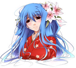Rule 34 | 1girl, akeome, arc system works, blue hair, blush, dizzy (guilty gear), flower, guilty gear, hair flower, hair ornament, happy new year, japanese clothes, kimono, lily (flower), long hair, new year, nt50, red eyes, smile, solo, upper body