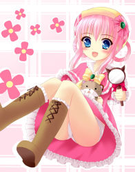 Rule 34 | 10s, 1girl, bad id, bad pixiv id, blue eyes, boots, bow, cross-laced footwear, dress, flower, hat, ikeda yuuki, magnifying glass, open mouth, panties, pantyshot, pink bow, pink hair, sherlock shellingford, sitting, solo, tantei opera milky holmes, twintails, underwear, white panties