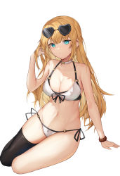 Rule 34 | 1girl, absurdres, aoria, arm support, bare arms, bare shoulders, bikini, black thighhighs, blonde hair, blue eyes, bracelet, breasts, choker, cleavage, closed mouth, collarbone, eyewear on head, front-tie bikini top, front-tie top, groin, halterneck, halterneck, hand up, heart, heart-shaped eyewear, highres, jewelry, long hair, looking at viewer, medium breasts, navel, o-ring, o-ring bikini, original, side-tie bikini bottom, simple background, single thighhigh, sitting, smile, solo, stomach, string bikini, sunglasses, swimsuit, thighhighs, thighs, wet, white background, white bikini, white choker