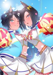 Rule 34 | 2girls, air groove (umamusume), animal ears, belt, black hair, blue eyes, blue jacket, blue sky, blush, breast press, breasts, brown hair, commentary request, confetti, cosplay, day, ear piercing, fuji kiseki (umamusume), green eyes, highres, holding, holding pom poms, horse ears, horse girl, horse tail, jacket, layered skirt, looking at viewer, medium breasts, midriff, multiple girls, navel, nice nature (run&amp;win) (umamusume), nice nature (umamusume), nice nature (umamusume) (cosplay), one eye closed, open clothes, open jacket, open mouth, outdoors, piercing, pom pom (cheerleading), pom poms, sailor collar, shirt, short hair, skirt, sky, small breasts, smile, sweat, symmetrical docking, tail, teeth, umamusume, white shirt, white skirt, zhu (nitamagr)