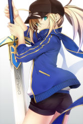 Rule 34 | 1girl, ahoge, artoria pendragon (all), artoria pendragon (fate), baseball cap, blonde hair, blue scarf, blurry, cowboy shot, depth of field, excalibur (fate/stay night), fate/grand order, fate (series), from side, hat, highres, jacket, long hair, machimura komori, md5 mismatch, mysterious heroine x (fate), ponytail, resolution mismatch, rojiura satsuki : chapter heroine sanctuary, saber (fate), scarf, short shorts, shorts, solo, source smaller, sword, track jacket, weapon