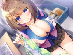 Rule 34 | 1girl, ahoge, black skirt, blue shirt, blush, bra, unworn bra, breasts, brown hair, cleavage, closed mouth, collarbone, dutch angle, eyelashes, fingernails, frilled bra, frilled skirt, frills, green bra, hair ornament, hairclip, highres, holding, holding bra, holding clothes, holding underwear, indoors, itsui (dihydrogenmonoxid), keyboard (computer), large breasts, long sleeves, looking at viewer, miniskirt, nail polish, non-web source, original, pink nails, pleated skirt, polka dot, polka dot bra, purple eyes, shirt, short hair, skirt, solo, swept bangs, table, toenail polish, toenails, underwear