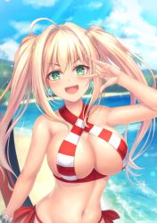 Rule 34 | &gt;:d, 1girl, :d, ahoge, bad id, bad pixiv id, beach, bikini, blush, bracelet, breasts, cleavage, commentary request, criss-cross halter, day, fate/grand order, fate (series), hair between eyes, hair intakes, halterneck, jewelry, large breasts, light rays, long hair, looking at viewer, m/, navel, nero claudius (fate), nero claudius (fate) (all), nero claudius (swimsuit caster) (fate), ocean, open mouth, red bikini, revision, side-tie bikini bottom, smile, solo, sparkle, striped bikini, striped clothes, sunbeam, sunlight, swimsuit, teeth, tiphereth, tsurime, twintails, upper body, v-shaped eyebrows