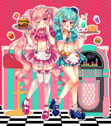 Rule 34 | 2girls, ;p, apron, blue footwear, blue hair, blue headwear, blue shirt, blue skirt, blush, bobby socks, bow, burger, checkered floor, closed mouth, collared shirt, commentary request, crop top, dress shirt, food, frilled apron, frilled thighhighs, frills, garter straps, hair between eyes, hair bow, hair ornament, hat, holding, holding tray, jukebox, lilia chocolanne, long hair, maid headdress, meru (suzunone rena), mini hat, multiple girls, one eye closed, open mouth, original, outline, pink hair, pleated skirt, polka dot, polka dot background, puffy short sleeves, puffy sleeves, purple eyes, purple footwear, red background, red bow, red eyes, red shirt, red skirt, shirt, shoes, short sleeves, skirt, smile, socks, star (symbol), star hair ornament, striped clothes, striped shirt, striped skirt, suzunone rena, thighhighs, tilted headwear, tongue, tongue out, tray, twintails, vertical-striped clothes, vertical-striped shirt, vertical-striped skirt, very long hair, waist apron, white apron, white outline, white socks, white thighhighs