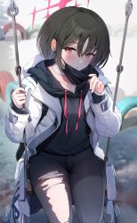 Rule 34 | absurdres, bandaged neck, bandages, black hair, black hoodie, blue archive, earrings, highres, hood, hooded jacket, hoodie, jacket, jehyun, jewelry, looking at viewer, mask, misaki (blue archive), mouth mask, pants, red eyes, short hair, solo, stud earrings, surgical mask, torn clothes, torn legwear, torn pants, white jacket