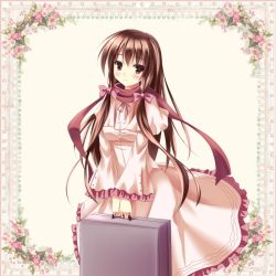 Rule 34 | 1girl, bow, brown eyes, brown hair, dress, hair bow, holding, long hair, matching hair/eyes, original, solo, striped, striped bow, zi se