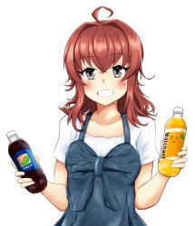 Rule 34 | 10s, 1girl, ahoge, arashi (kancolle), blush, bottle, brand name imitation, casual, cola, collarbone, grey eyes, grin, hair intakes, haoto (arnica leaf), holding, holding bottle, kantai collection, looking at viewer, medium hair, messy hair, red hair, short sleeves, simple background, smile, solo, upper body, white background