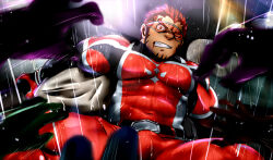 Rule 34 | 1boy, akashi (live a hero), bara, bodysuit, bound, bound arms, bulge, defeat, doro rich, facial hair, goatee, large pectorals, live a hero, long sideburns, male focus, muscular, muscular male, one eye closed, pectorals, red bodysuit, red eyes, red hair, scar, scar on face, scar on nose, short hair, sideburns, solo focus, spread legs, superhero costume, surrounded by hands, thick eyebrows, umbrakinesis