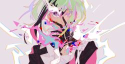 Rule 34 | 1boy, black gloves, black vest, colored eyelashes, expressionless, frilled sleeves, frills, glitch, gloves, green hair, grey background, half gloves, hand on own chin, highres, lio fotia, long sleeves, looking at viewer, male focus, oxi206, parted lips, pink eyes, pink sleeves, promare, short hair, simple background, solo, upper body, vest