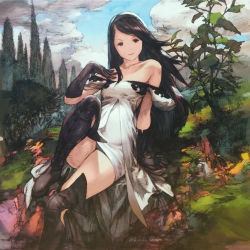 Rule 34 | 1girl, agnes oblige, arm support, black eyes, black gloves, black hair, black thighhighs, boots, bravely default: flying fairy, bravely default (series), dress, forest, gloves, hairband, hand on own chest, highres, leg up, long hair, nature, scan, smile, solo, swept bangs, thigh boots, thighhighs, white dress, yoshida akihiko