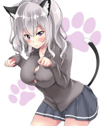 Rule 34 | 10s, 1girl, animal ears, blue skirt, blush, breasts, cardigan, cat ears, cat tail, closed mouth, collarbone, grey sweater, kantai collection, kashima (kancolle), large breasts, leaning forward, long hair, long sleeves, looking at viewer, paw print, pleated skirt, purple eyes, silver hair, simple background, skirt, solo, striped clothes, striped skirt, sweater, tail, twintails, white background, yukino (yukinosora1126)