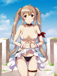Rule 34 | 10s, 1girl, ahoge, arm ribbon, bikini, breasts, breasts apart, brown eyes, brown hair, closed mouth, clothes lift, cloud, collar, collarbone, covered erect nipples, cowboy shot, day, gluteal fold, groin, hair between eyes, halterneck, head tilt, kantai collection, long hair, looking at viewer, medium breasts, murasame (kancolle), outdoors, red ribbon, ribbon, sameha ikuya, sarong, sarong lift, side-tie bikini bottom, sky, smile, solo, standing, swimsuit, thigh gap, twintails, very long hair, wrist cuffs